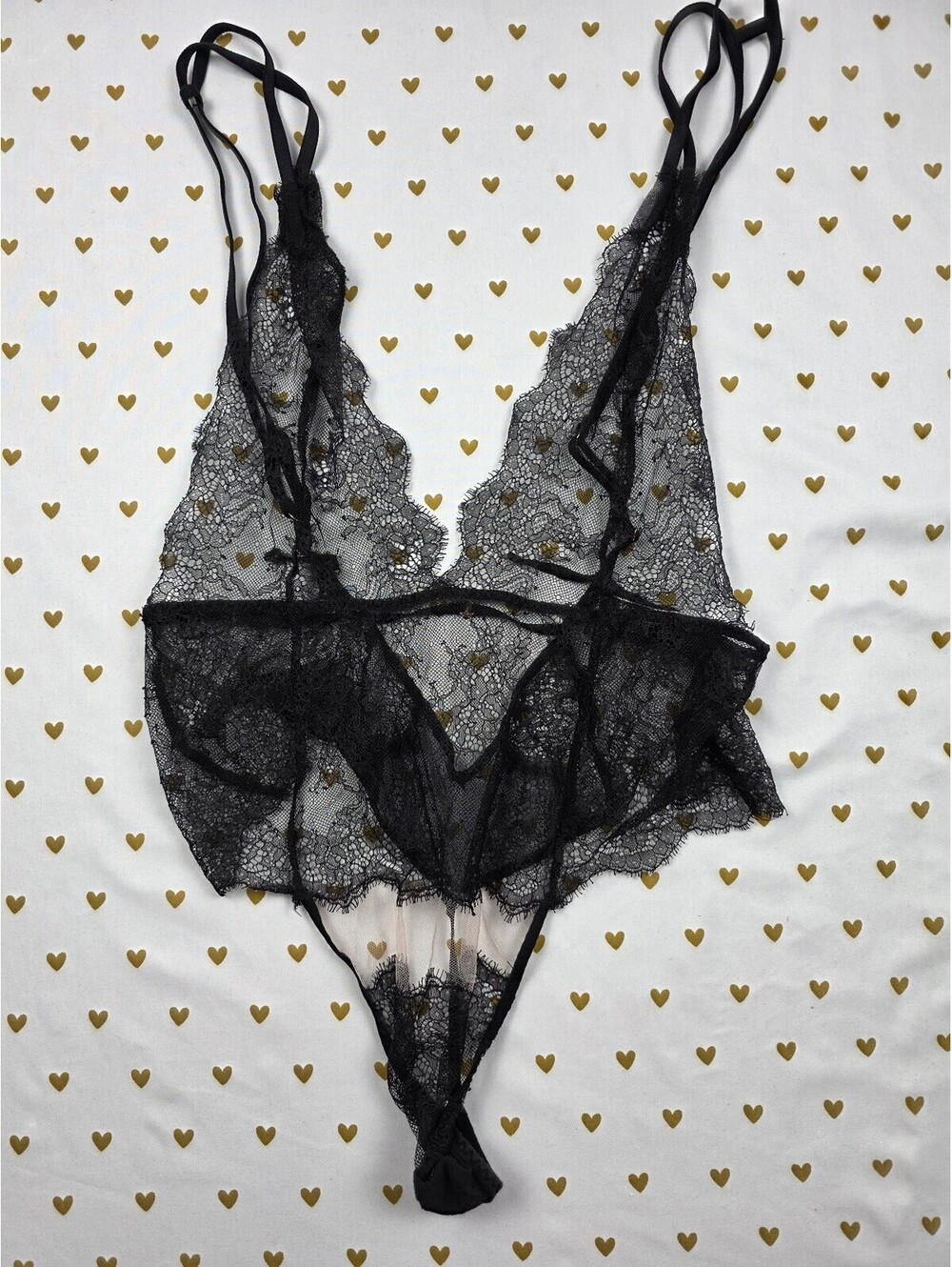 Victorias Secret Sheer Lace Sexy Lingerie Teddy Bodysuit Black V String Large